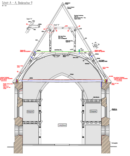 Querschnittszeichnung vom Kirchenschiff mit Hinweisen zum Schadensumfang